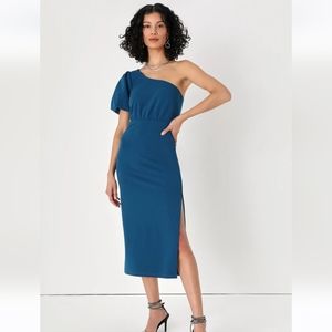 Lulus Ultimate Poise Teal Blue One-Shoulder Midi Dress